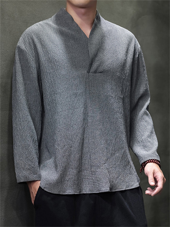 Men's Autumn Solid Color Zen Style Pullover Long Sleeve Shirts