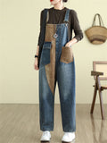 Women's Contrast Color Pockets Loose Overall Denim Jumpsuits