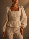 Women Vintage Square Neck Jacquard Peplum Puff Sleeve Blouse