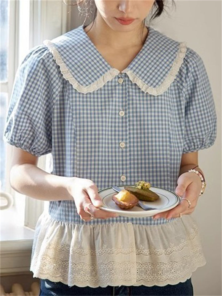 Women's Summer Retro Blue Plaid Lace Patchwork Short Sleeve Shirts