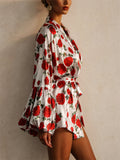 Women Red Rose Floral Lantern Sleeve Wrap Mini Dress