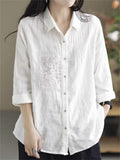 Retro Loose Embroidery Pleated Lapel Shirt for Women