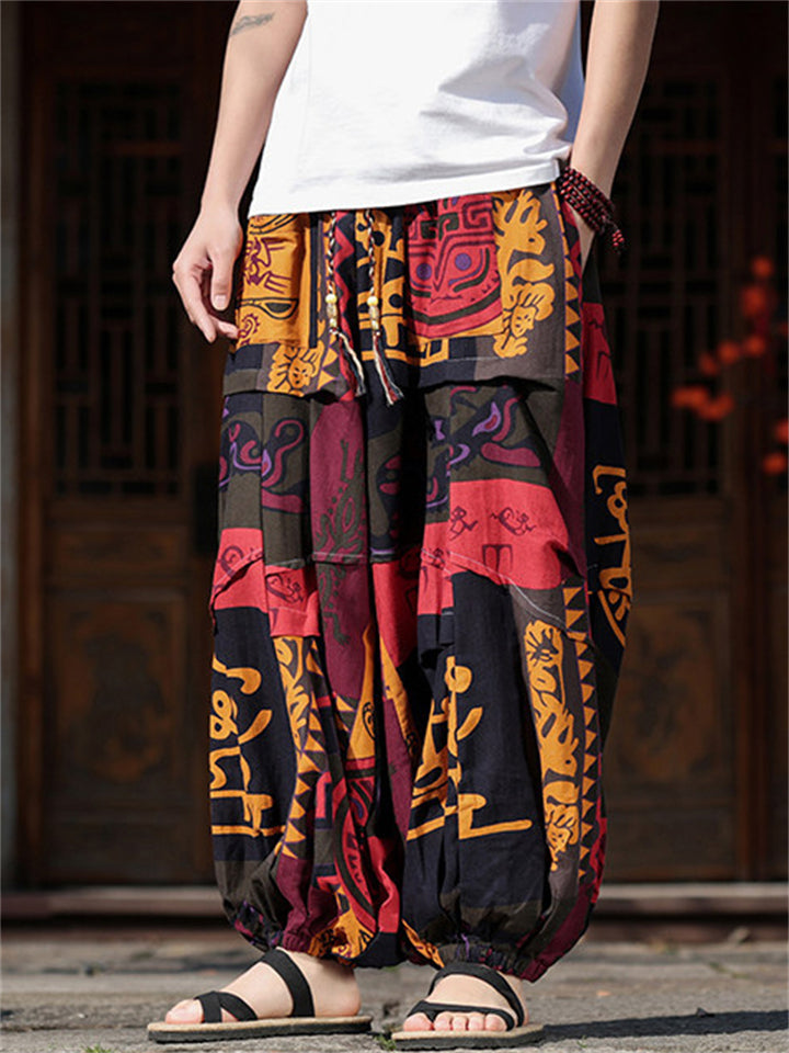 Men's Chinese Style Tribal Print Baggy Wide Leg Cropped Harem Pants