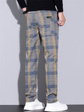 Men's Casual Plaid Elastic Waist Multi-Pocket Straight Fit Pants