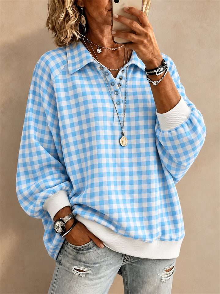 Women Gingham Plaid Shirt Half Button Long Sleeve Pullover Top