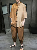 Men's 2Pcs Cool Contrast Color 3/4 Sleeve Stand Collar TangSuit Outfits