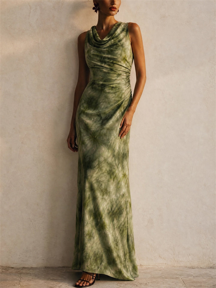 Women Green Watercolor Cowl Neck Ruched Cocktail Maxi Dress