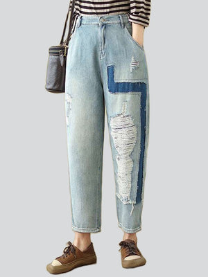 Light Blue Ripped Patchwork Female Trendy Harem Jeans