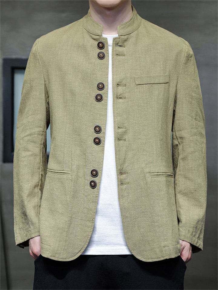 Men's Chinese Style Jacket with Stand Collar and Dual Buttons Details