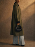 Women Green Long Trench Coat Contrast Collar Jacket