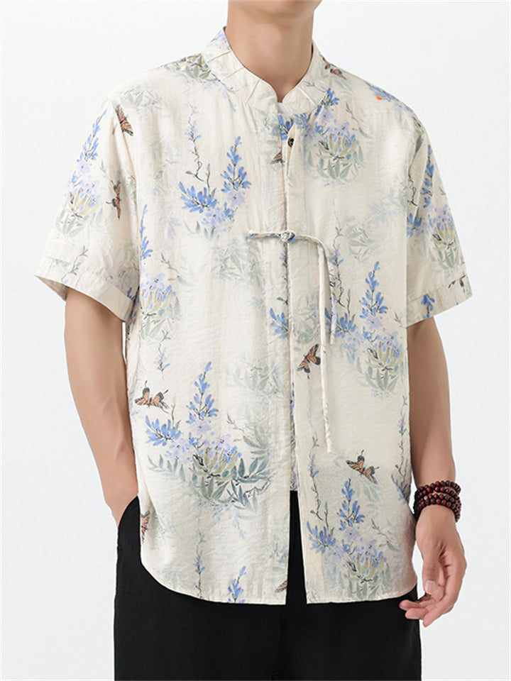 Cool Chinese Style Printed Half Sleeved Linen Shirts for men