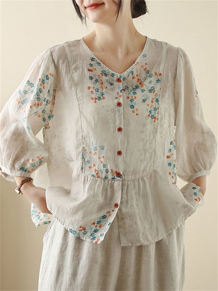 Women's Summer Print Round Neck 3/4 Sleeve Shirts