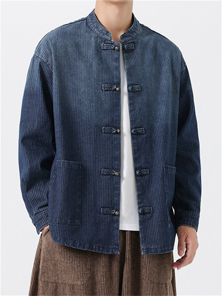 Chinese Style Retro Loose Frog Button Denim Jacket for Men