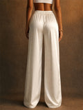 Women High Waist Lace Trim Satin Wide Leg Palazzo Pants