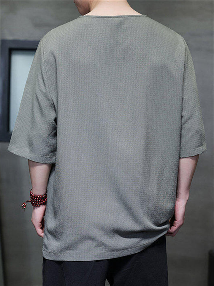 Men's Chinese Style Solid Color Asymmetric Hem Short Sleeve Shirts