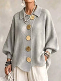 Women Oversized Knit Cardigan Gold Button Collared Sweater
