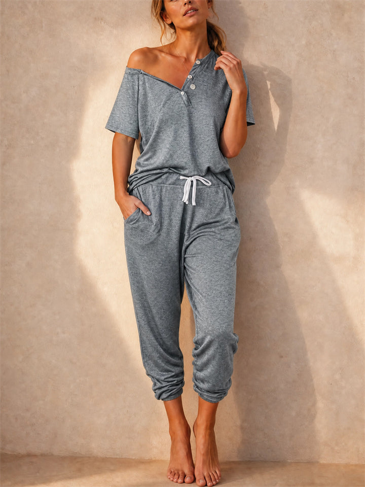 Women Viscose Lounge Set Button Down Off Shoulder Top Drawstring Pants