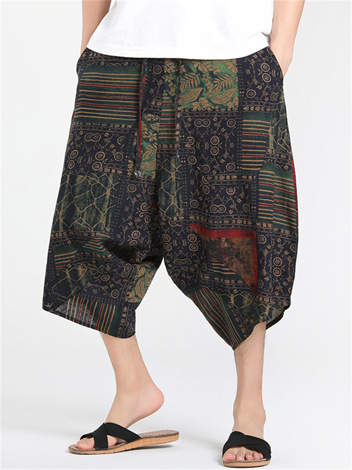 Men's Chinese Style Retro Print Drop Crotch Harem Capri Pants