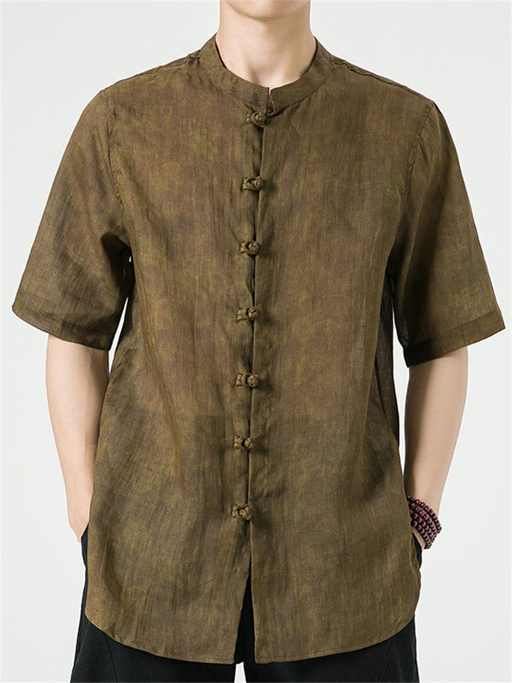 Men's Summer Casual Solid Color Ramie Frog Button Shirts