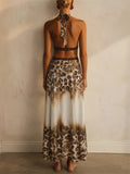 Women Sexy Leopard Print Halter Neck Top Maxi Dress