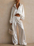 Women 2pcs Trendy Shiny Zip Up Top Wide Leg Pants Tracksuit Set