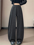 Women's Casual Rhinestone High Waist Baggy Wide Leg Sweatpants