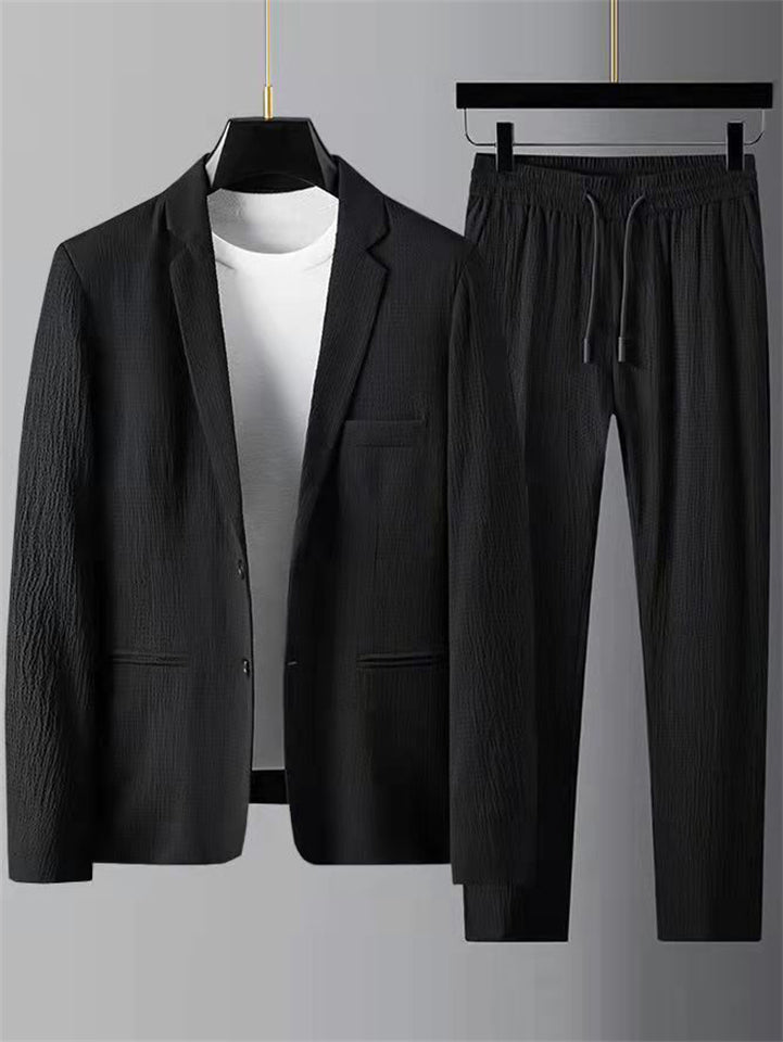 Men's 2Pcs Texture Single Breasted Lapel Pocket Solid Color Outfits