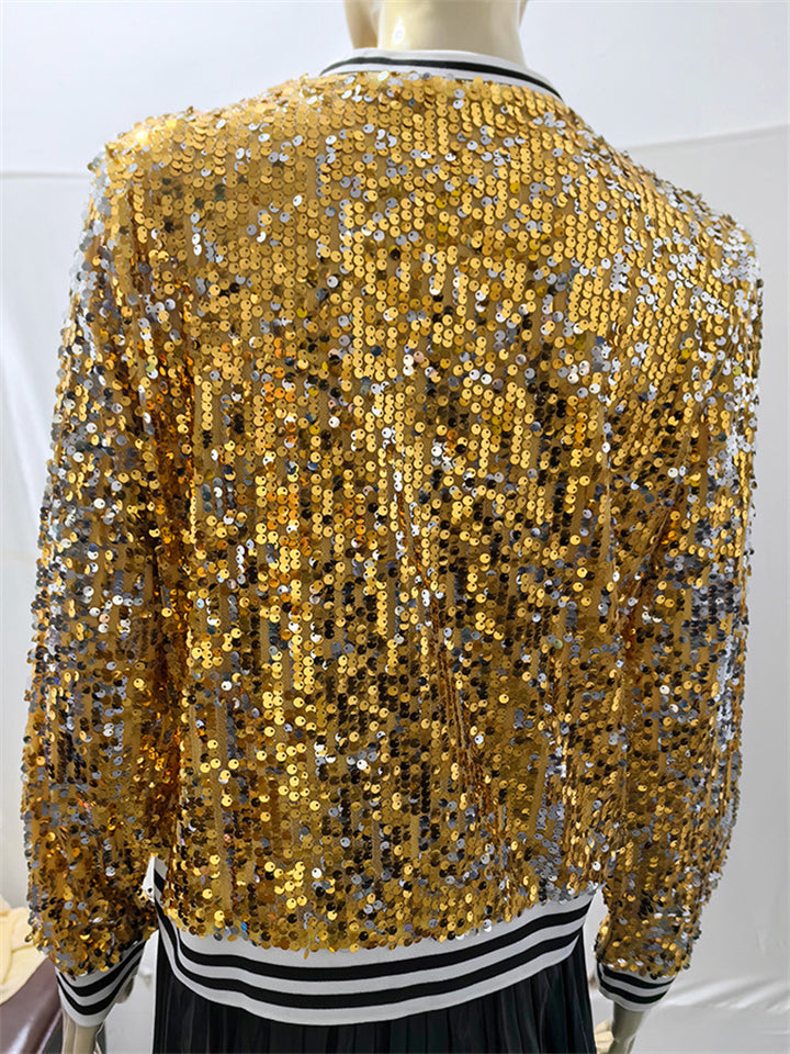Women's Casual Contrast Color Sequin Stand Collar Zip Jacket