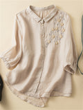 Women's Summer Casual Solid Color Embroidery Half Sleeve Shirt