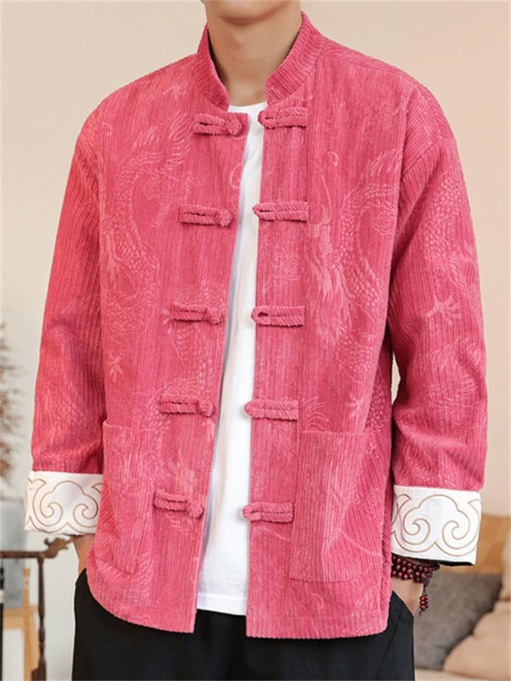 ‌ Men's Vintage Chinese Style Loong Print Corduroy TangSuit Jackets