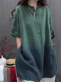 Women's Summer Gradient Distressed Loose Splited Short Sleeve Shirt