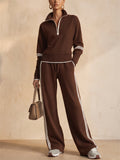 Women Stylish Contrast Trim Half Zip Top Wide Leg Pants Two Piece Tracksuit