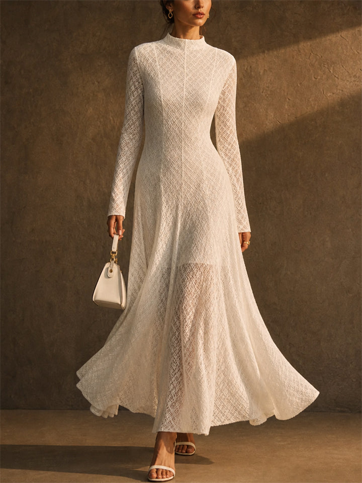 Women White Mock Neck Geometric Lace Long Sleeve Maxi Dress