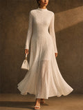 Women White Mock Neck Geometric Lace Long Sleeve Maxi Dress