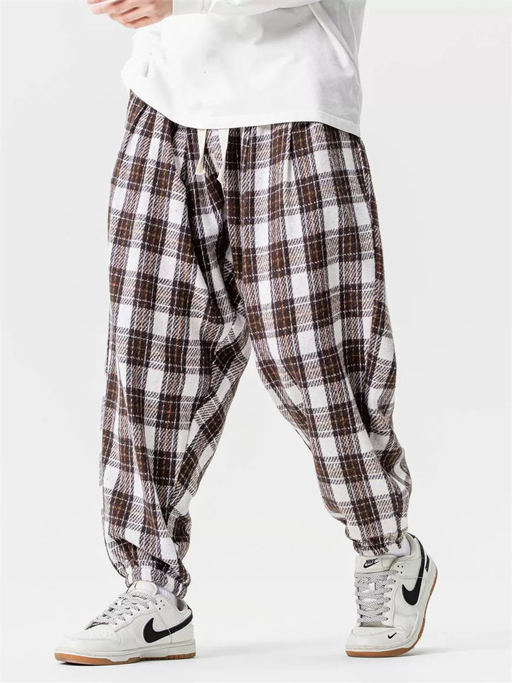 Japanese Style Autumn Plaid Drawstring Loose Jogger Pants for Men