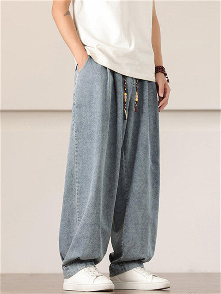 Men's Retro Solid Color Drawstring Loose Denim Pants