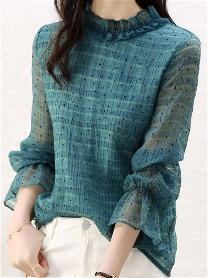 Women's O-Neck Lightweight Polka Dots Chiffon Shirt