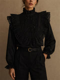 Women's Stylish Sequin Lace Ruffle High Neck Victorian Blouse
