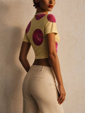 Women Yellow Cherry Print Y2K Short Sleeve Slim Crop Top