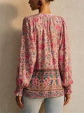 Womens Boho Floral V Neck Smocked Cuff Long Sleeve Blouse