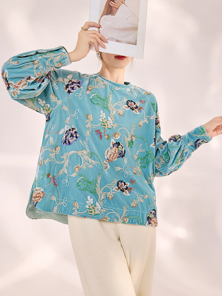 Women's Beautiful Vintage Chinese Style Floral Embroidered Pullover Shirt