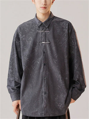 Casual  Comfy Plants Print Long Sleeve Stand Collar Shirts For  Men