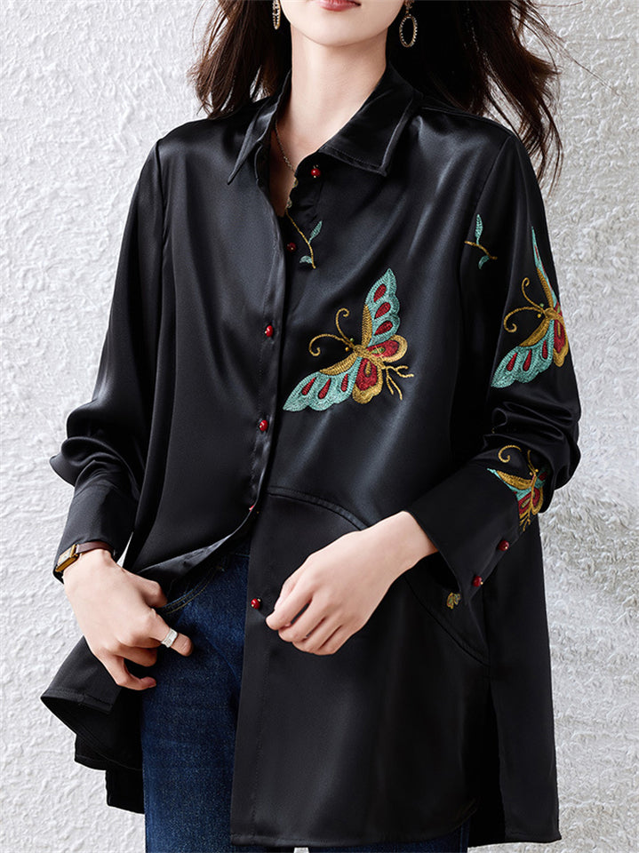 Women's Black Satin Butterfly Embroidered Polo Neck Shirts