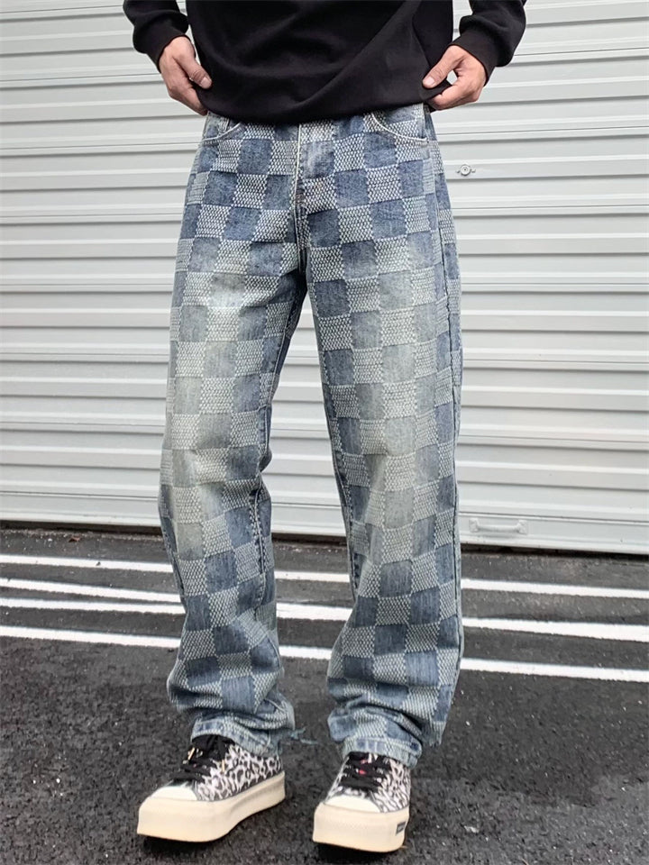Men's Washed Streetwear Plaid Cotton Mid-waist Regular Fit Jeans