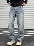Men's Washed Streetwear Plaid Cotton Mid-waist Regular Fit Jeans