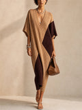 Women V Neck Batwing Sleeve Knit Colorblock Maxi Dress