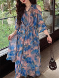 Women's Elegant Print  Shoulder Cut Long Sleeve Shirt & Strap Dress