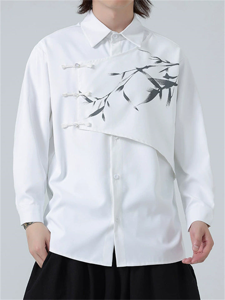 Mens Vintage Chinese Style Ink Bamboo Print Patchwork Button Shirts