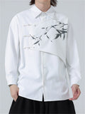 Mens Vintage Chinese Style Ink Bamboo Print Patchwork Button Shirts