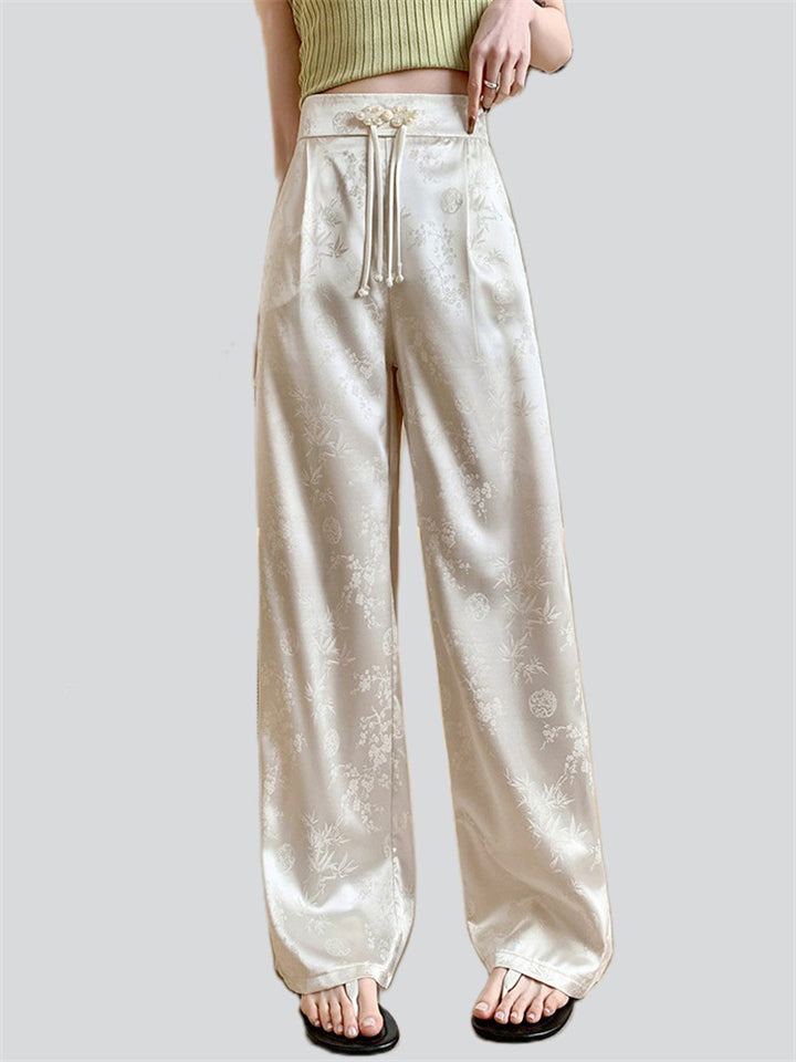 Female Bamboo Leaf Jacquard Satin Wide-Leg Pants